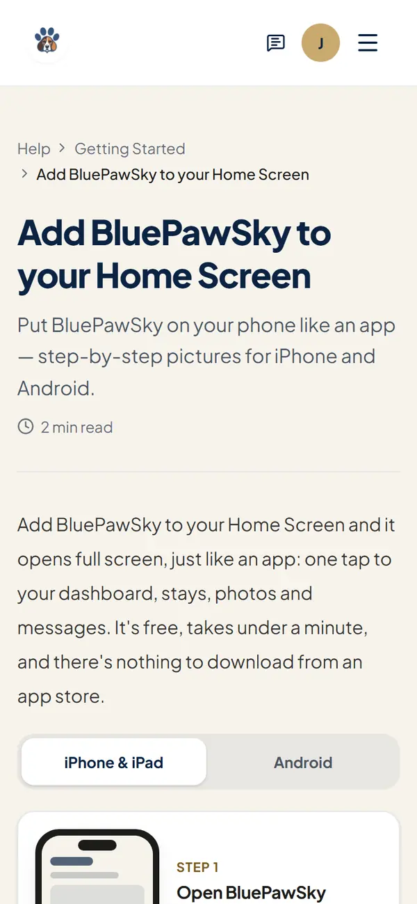 The Help article Add BluePawSky to your Home Screen, with iPhone and Android steps