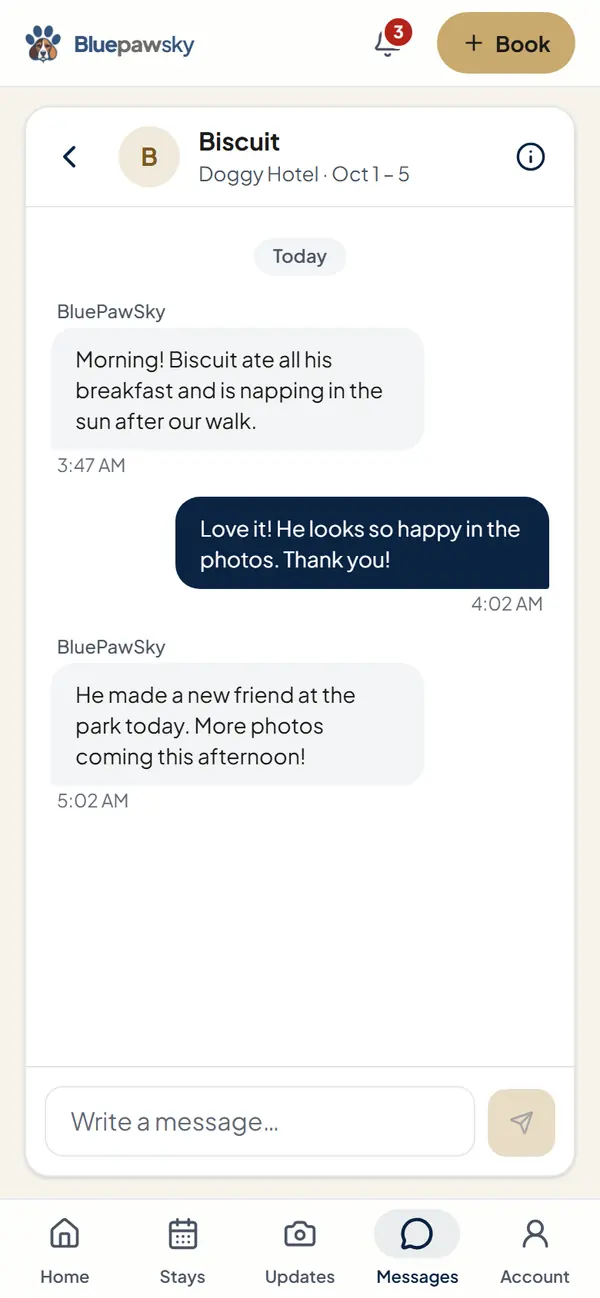 A stay's conversation with BluePawSky on a phone (example data)
