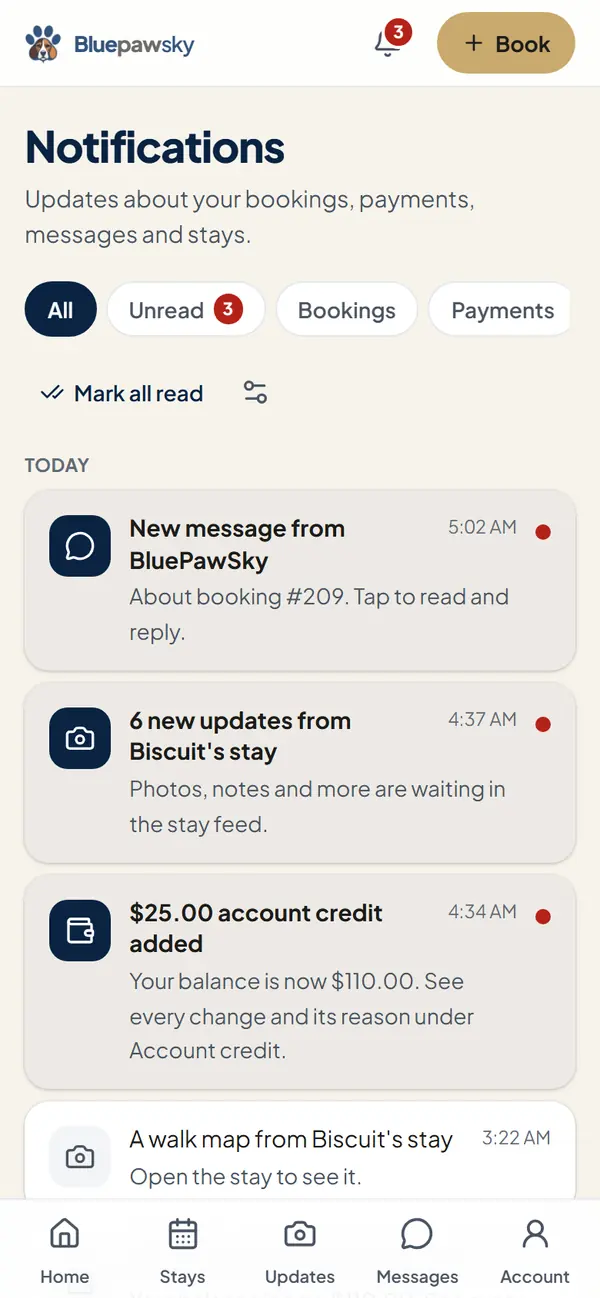 The notification center: a new message, six new updates from a stay and account credit added (example data)