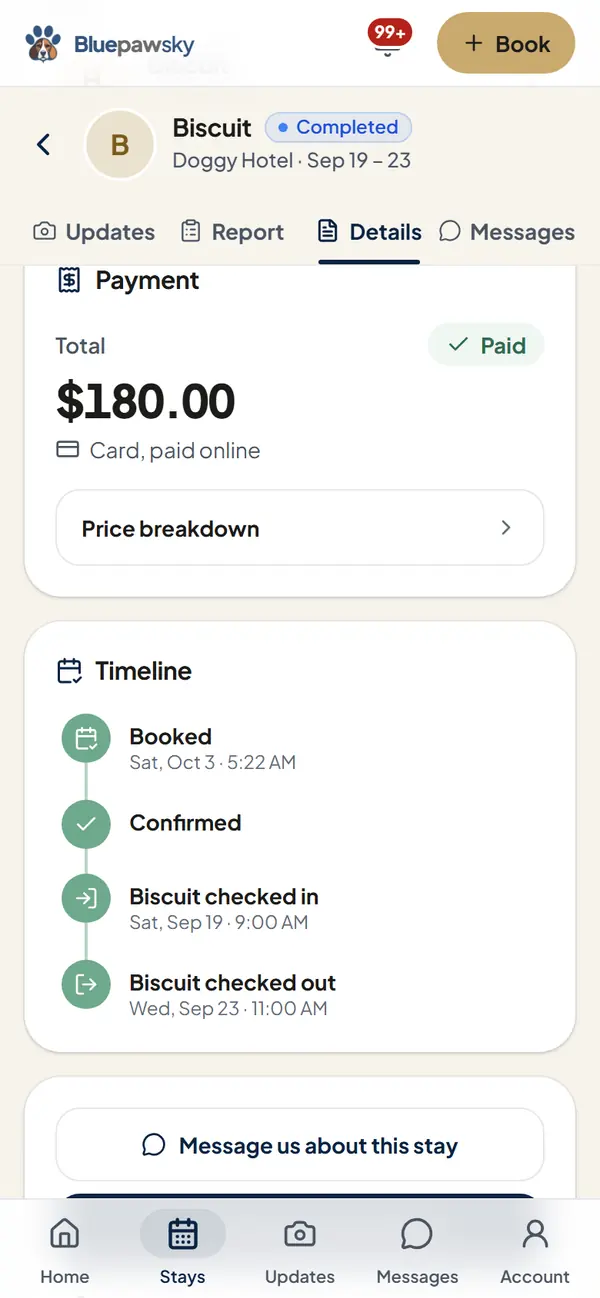 A finished booking's details: paid in full, receipt and timeline from booked to checked out (example data)
