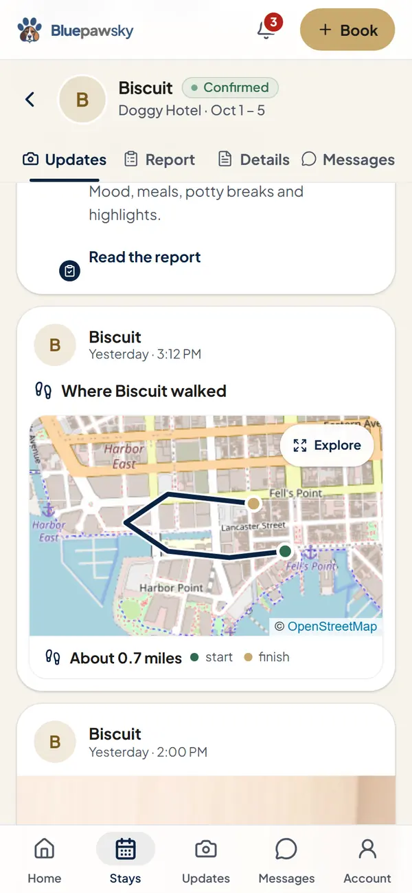 A walk map in a stay's updates: the route through Fells Point and about 0.7 miles (example data)